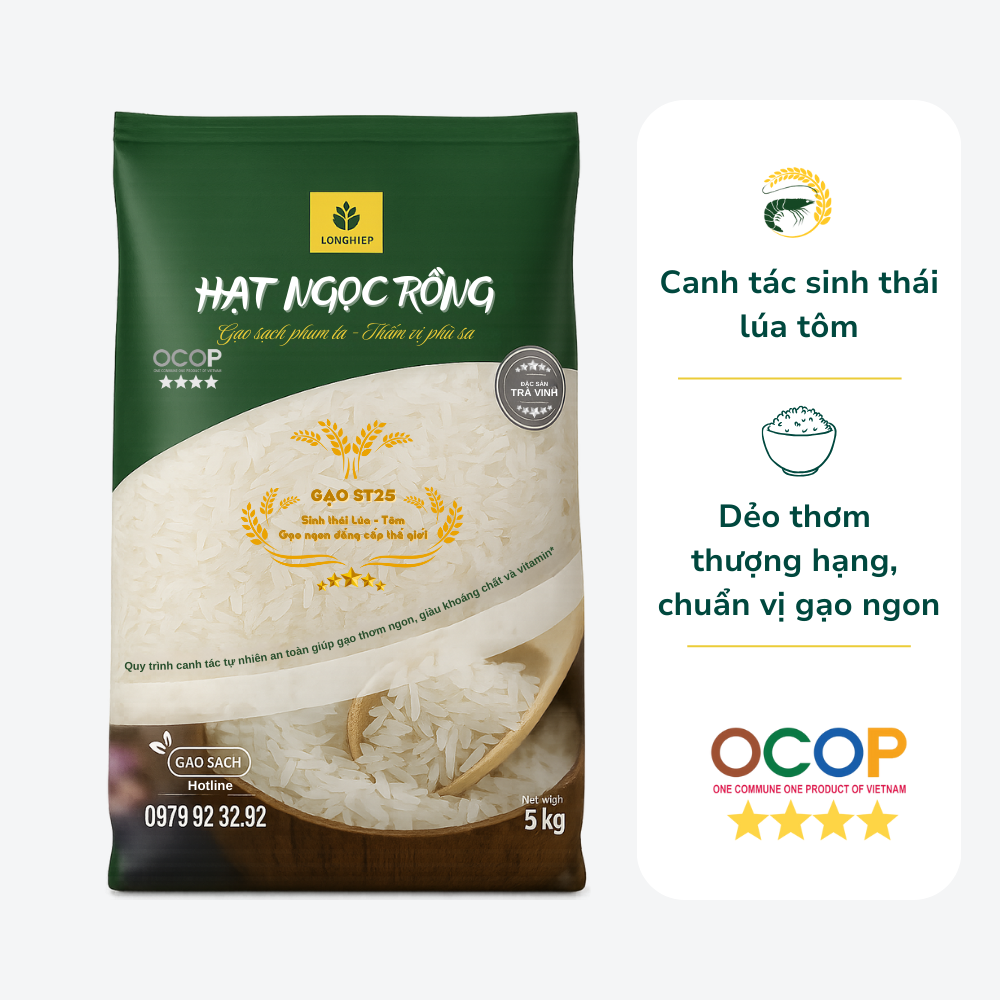 GẠO HẠT NGỌC RỒNG ST25 SINH TH&Aacute;I L&Uacute;A T&Ocirc;M 5KG